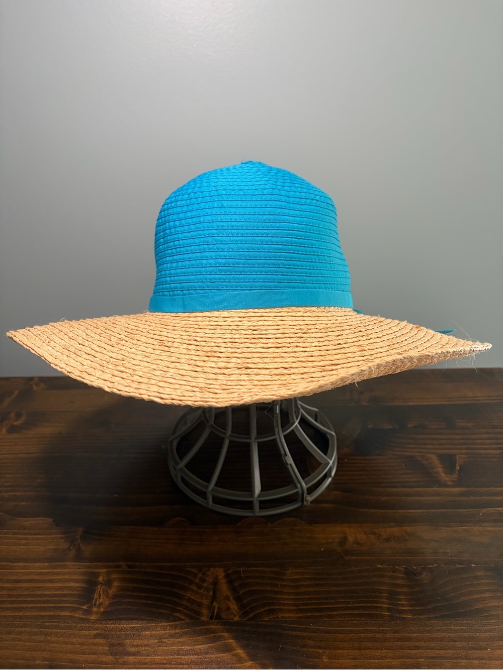 Scala Two-Tone Turquoise & Natural Straw Wide-Brim Sun Hat With Ribbon Accent